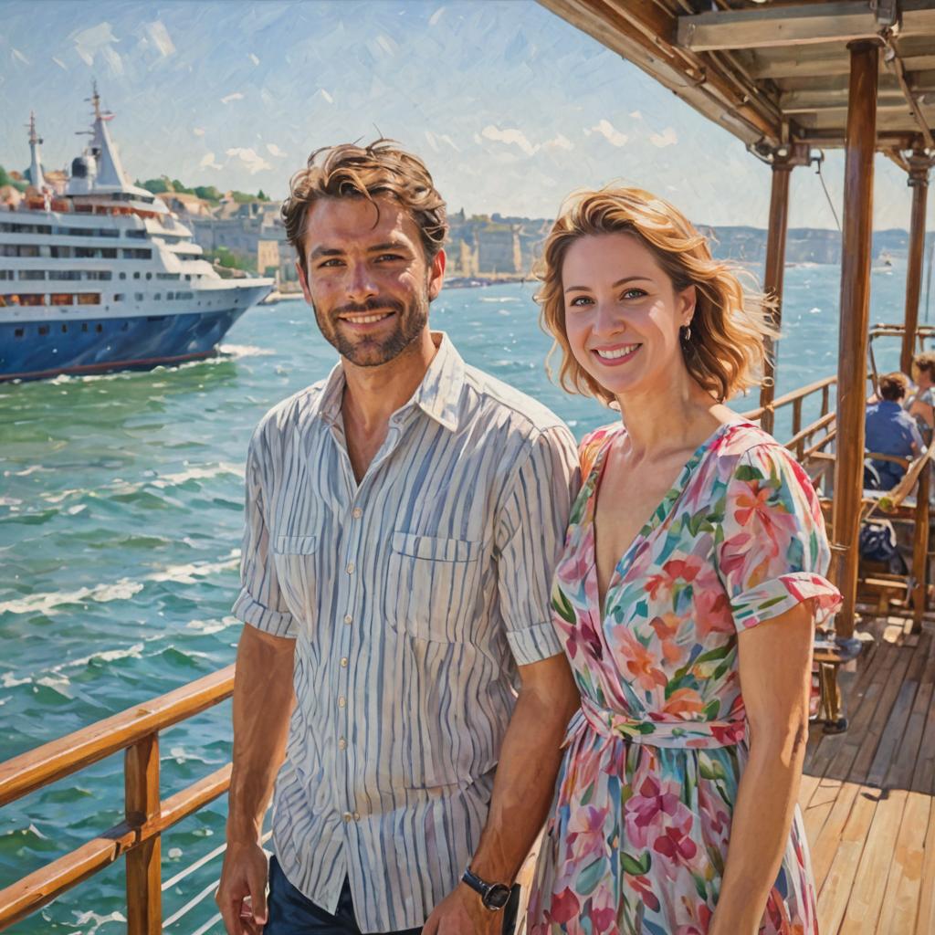 Smiling Couple on Deck with Seascape