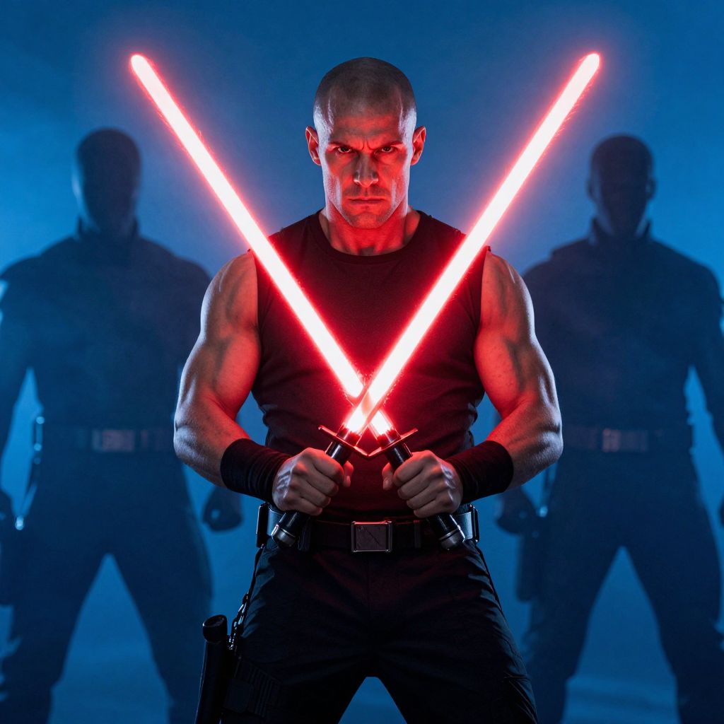Muscular Bald Man Holding Crossed Red Lightsabers With Shadowy Figures Background