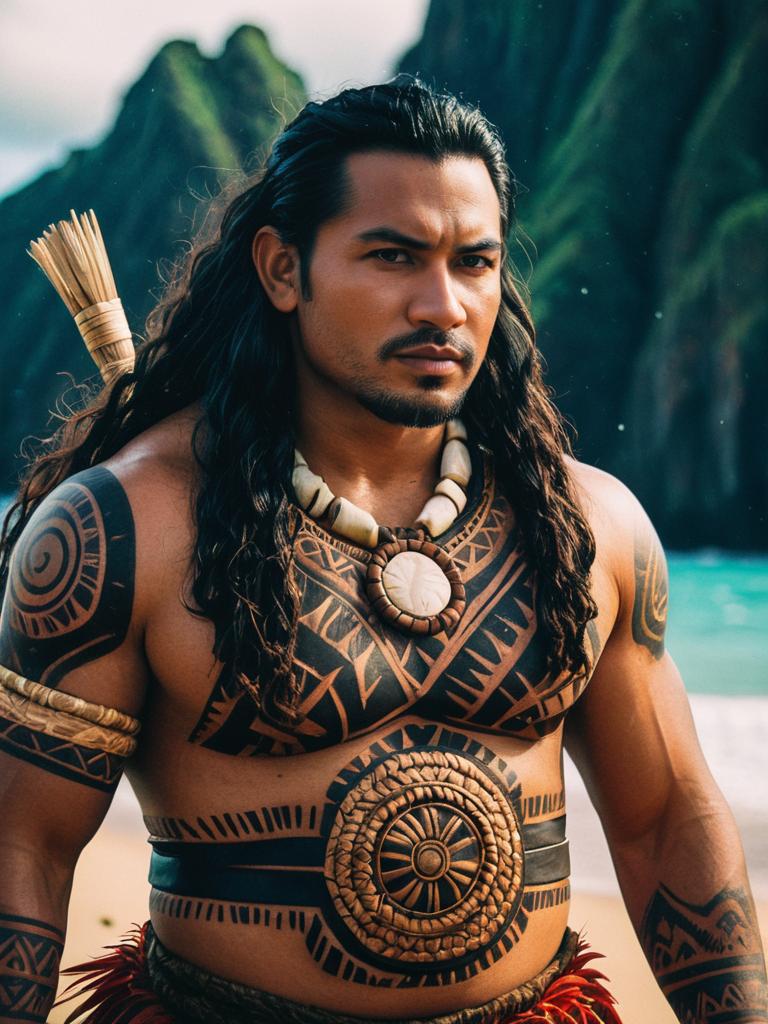 Man in Moana Costume with Tribal Tattoos on Tropical Beach
