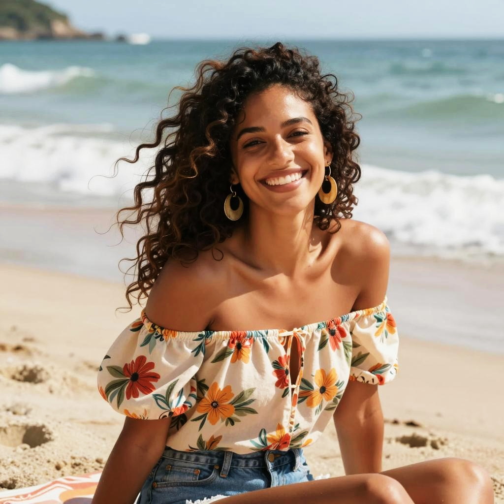 Smiling Woman in Floral Off-Shoulder Top Sitting on Beach by Ocean