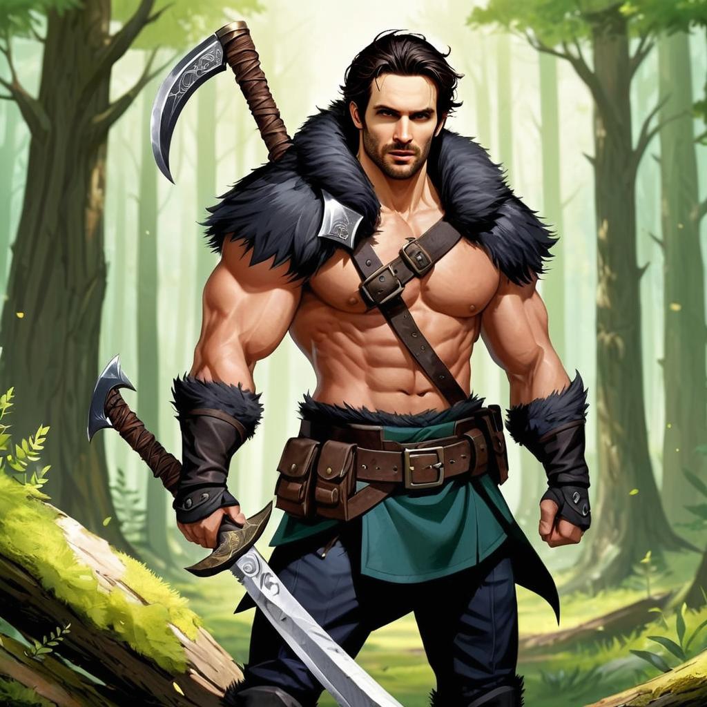 Fantasy Warrior with Curved Sword in Forest Digital Artwork