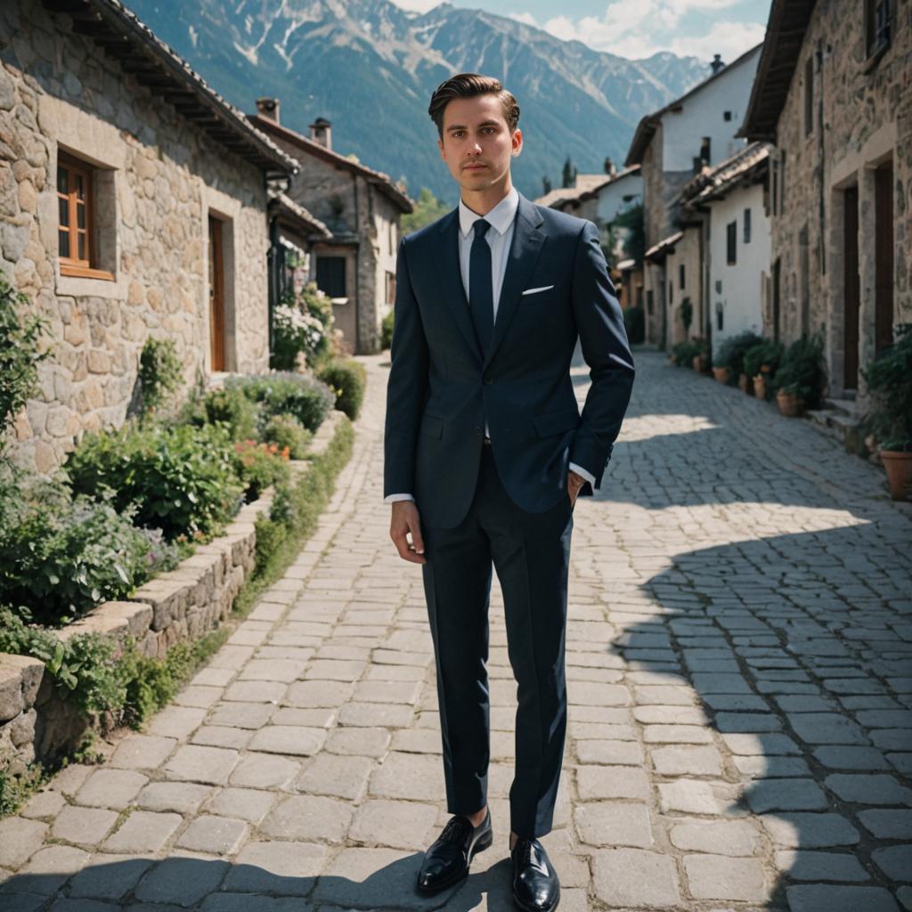 Man in Classic Suit in Quaint Village with Mountains