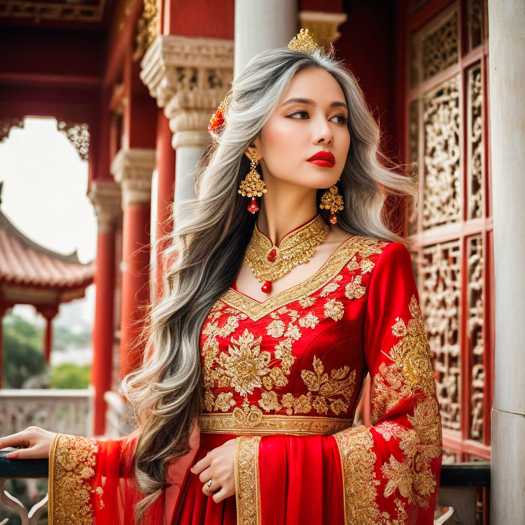 Elegant Woman in Red and Gold Gown