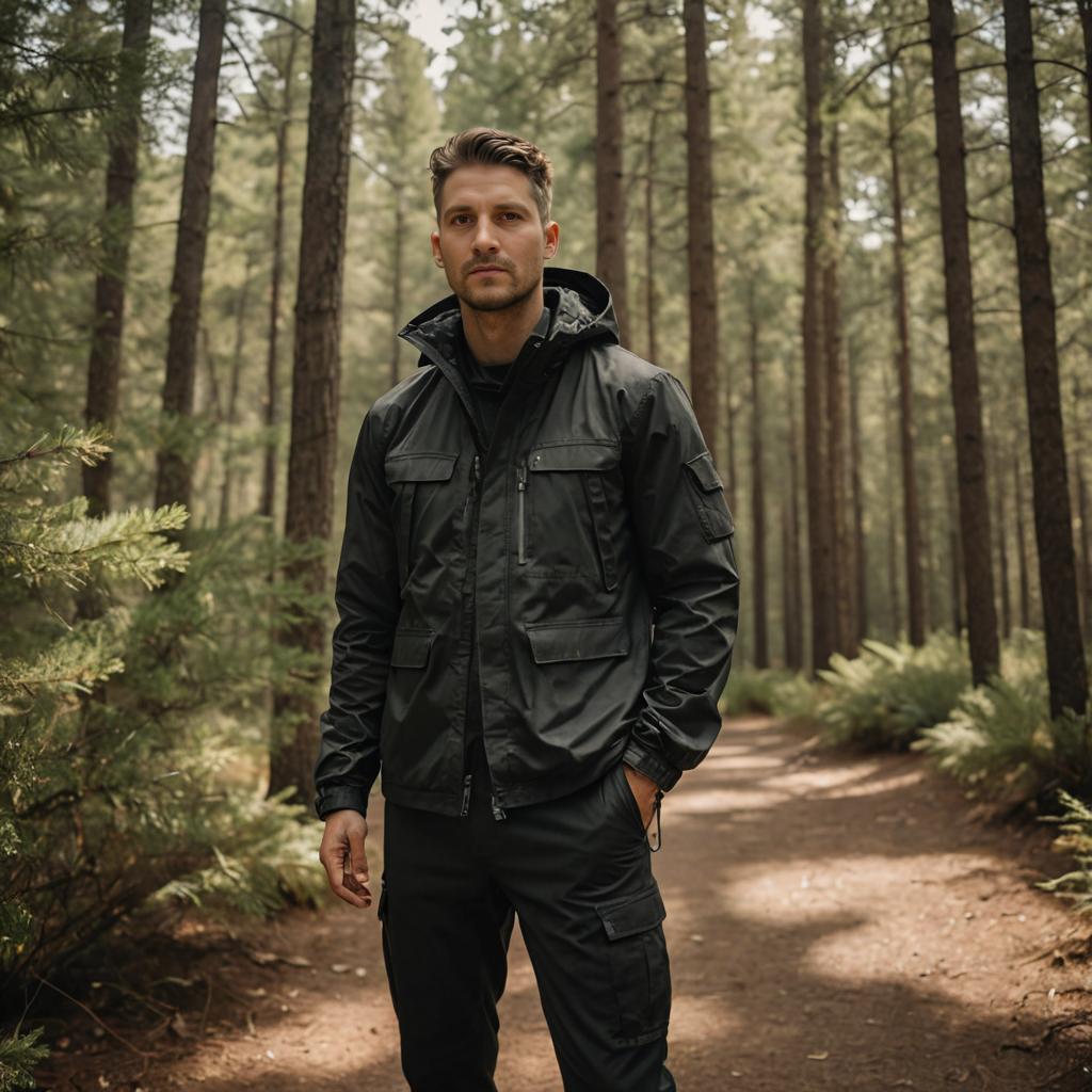 Confident Man in Outdoor Gear on Forest Path