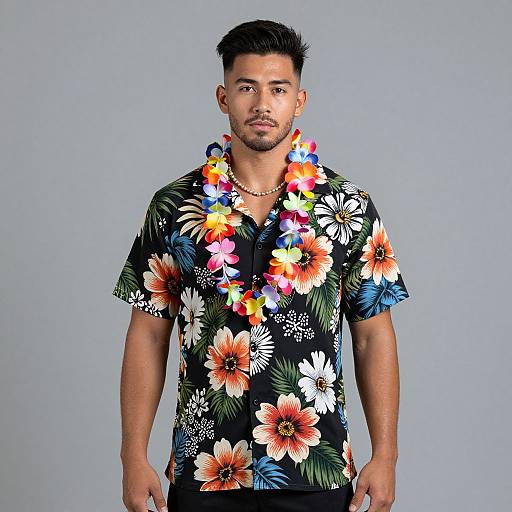 Young Man Wearing Vibrant Floral Hawaiian Shirt with Colorful Lei
