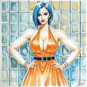 Confident Woman with Blue Hair in Orange Dress