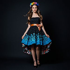 Confident Woman in Floral Dress with Flower Crown