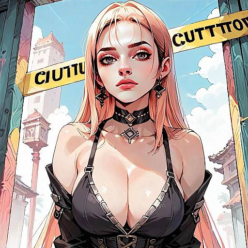 Anime Style Blonde Woman with Black Outfit and Jewelry