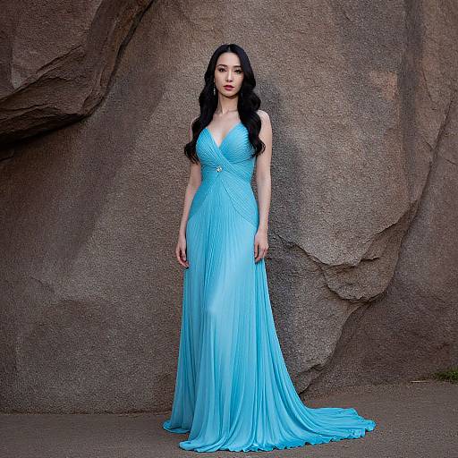 Elegant Woman in Flowing Sky Blue Evening Gown by Rock Formation