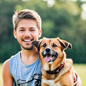 Young man with dog in sunny outdoor setting