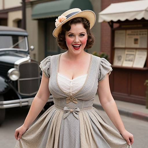 Vintage 1940s Woman in Retro Dress and Straw Hat with Classic Car