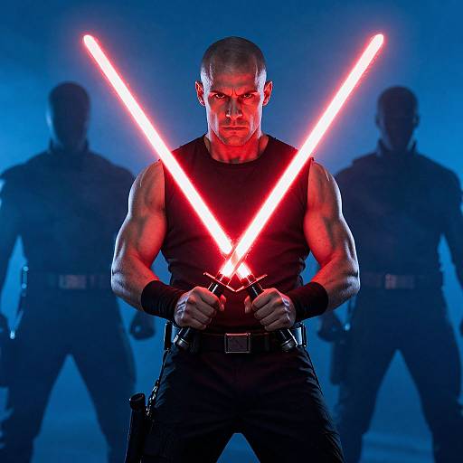 Muscular Bald Man Holding Crossed Red Lightsabers With Shadowy Figures Background