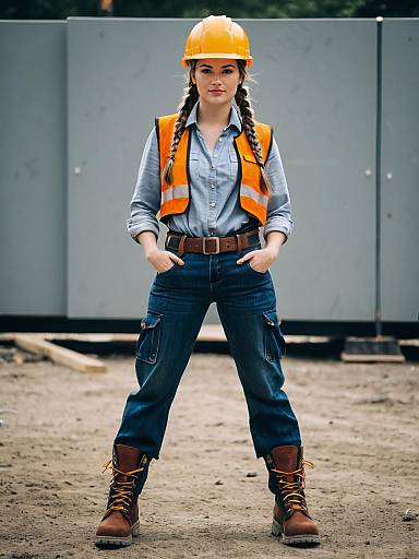 Confident Woman in Construction Worker Costume with Safety Gear on Site