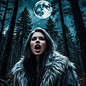 Woman Howling in Forest Under Full Moon