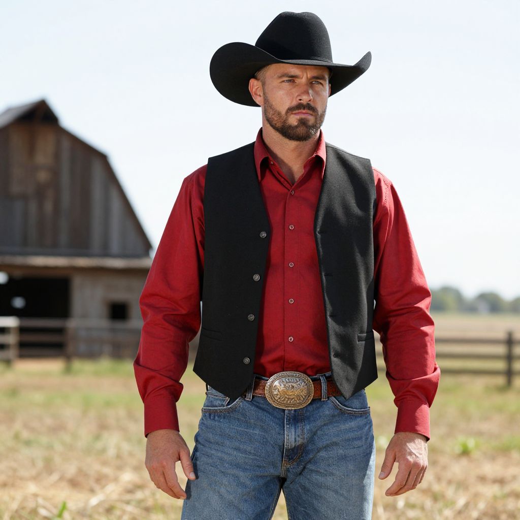 Confident Cowboy Man in Western Outfit Near Barn
