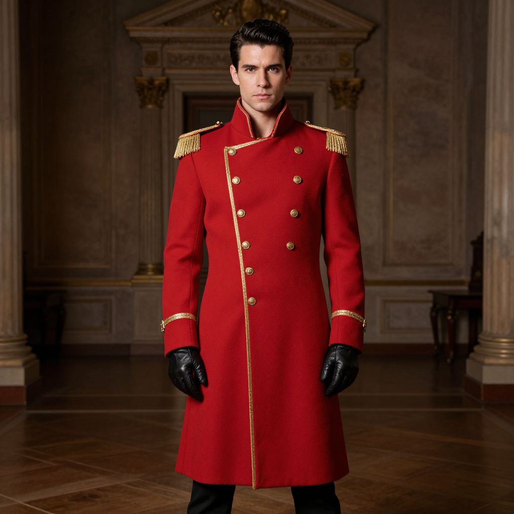 Man in Regal Red Military Coat with Gold Epaulettes in Classical Interior