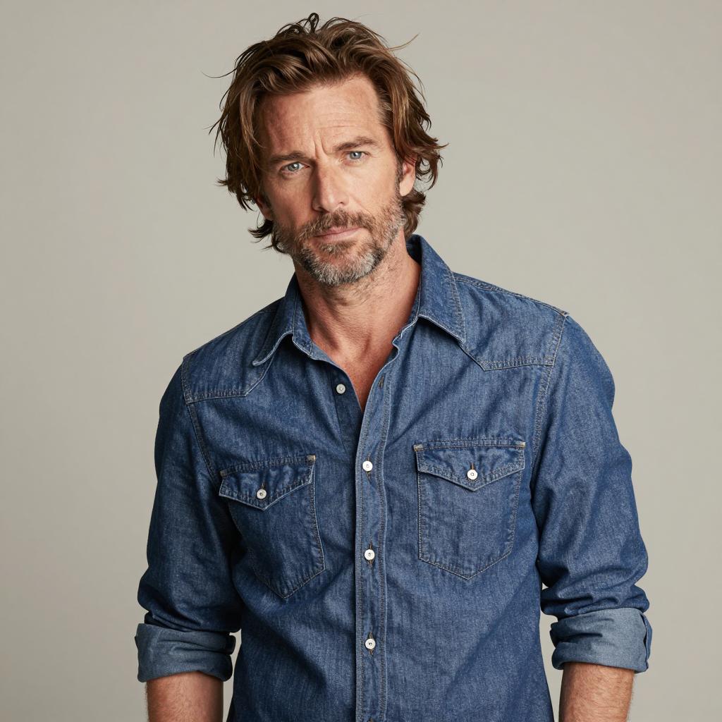 Middle-Aged Man in Blue Denim Shirt Portrait
