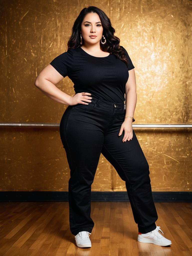 Plus Size Hip Hop Fashion Woman in Black Outfit Standing