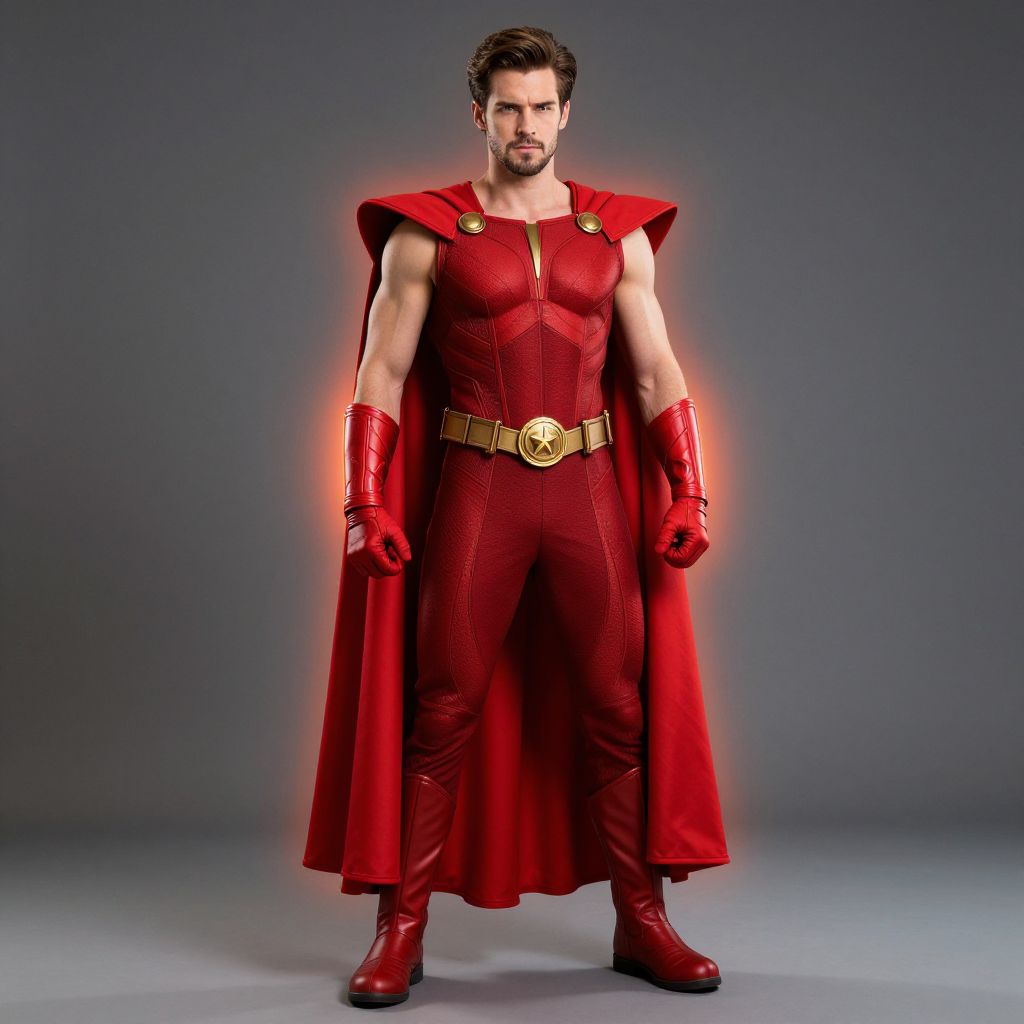 Man in Red Superhero Costume with Cape and Gold Accents