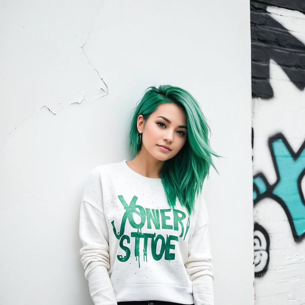 Young Woman with Green Hair in Urban Street Art Setting Young Woman with Green Hair in Urban Street Art Setting