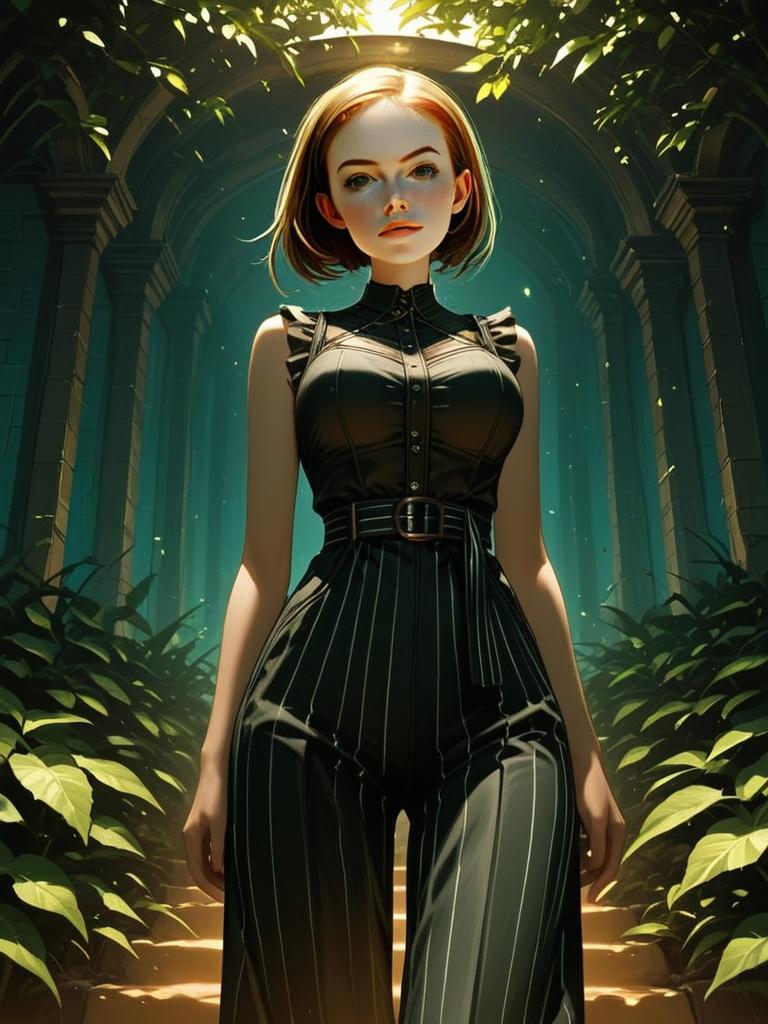 Digital Portrait of Woman in Black Jumpsuit in Sunlit Garden Archway