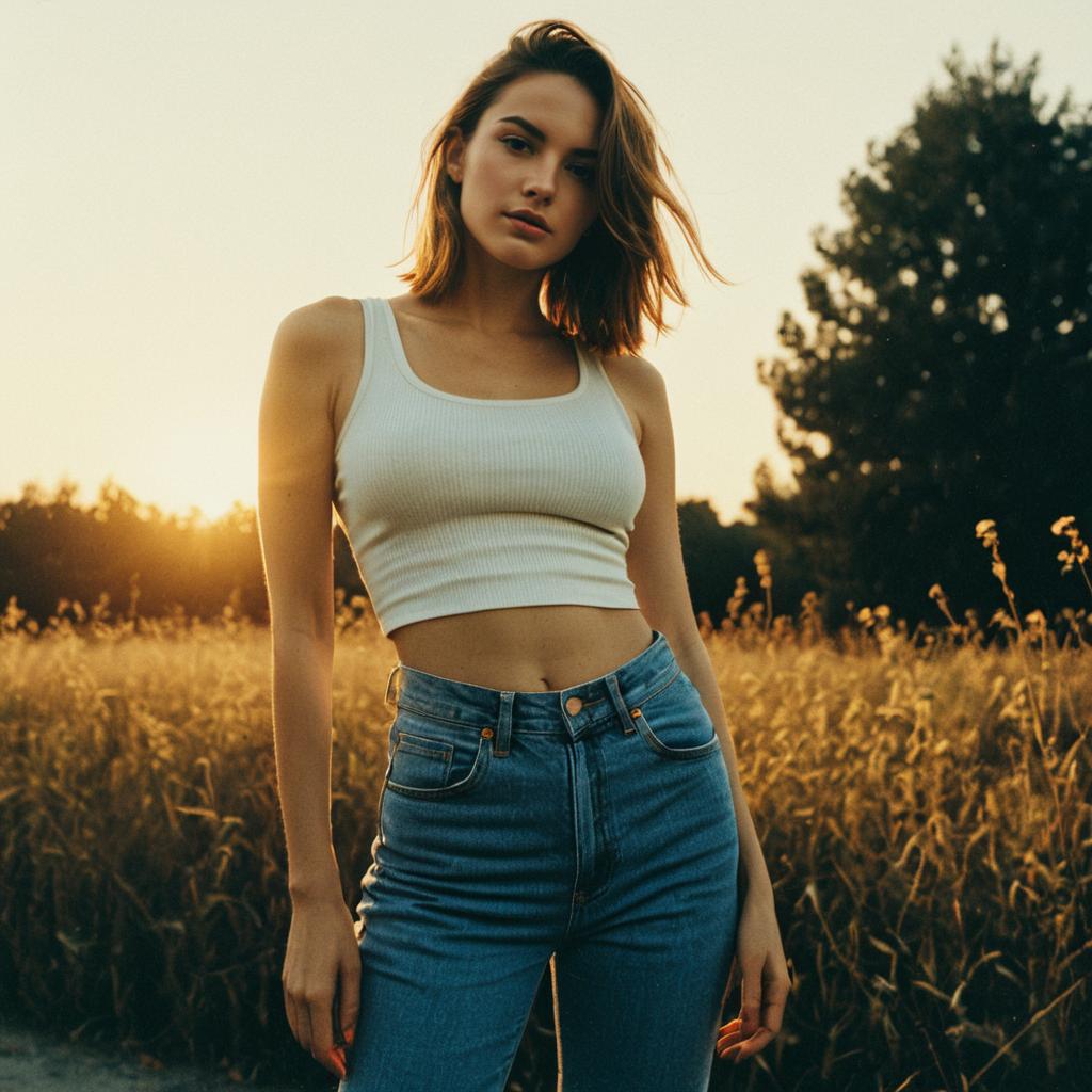 Young Woman in White Crop Top and Jeans Standing in Sunlit Field
