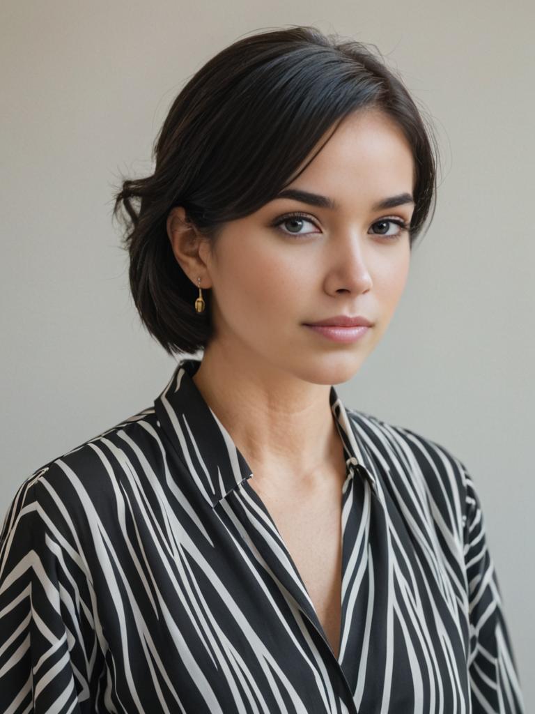 Elegant Woman in Black-and-White Striped Blouse