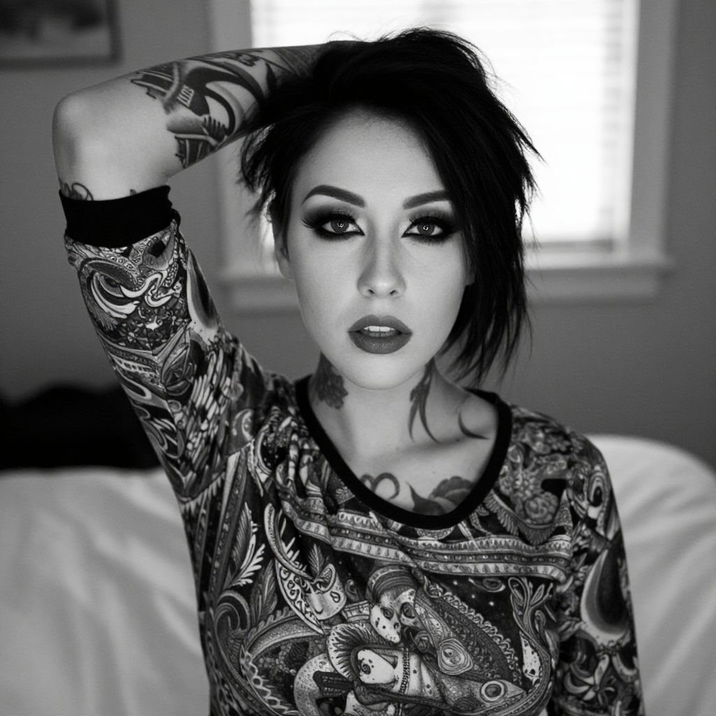 Tattooed Woman Portrait with Dramatic Makeup in Black and White
