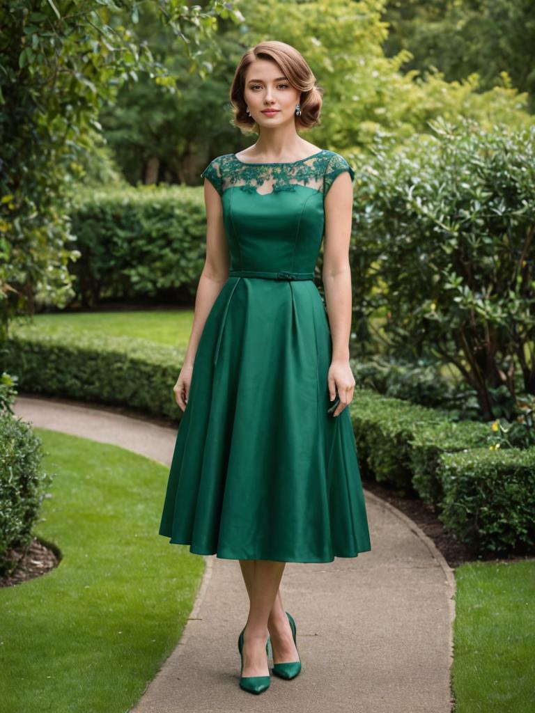 Elegant Woman in Green Dress in Lush Garden