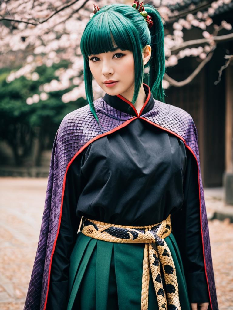 Adagumo no Saragimaru Woman Cosplay with Teal Hair and Cherry Blossoms