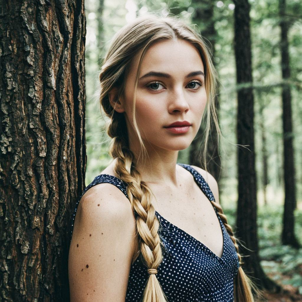Young Woman in Navy Dress by Tree in Forest Young Woman in Navy Dress by Tree in Forest