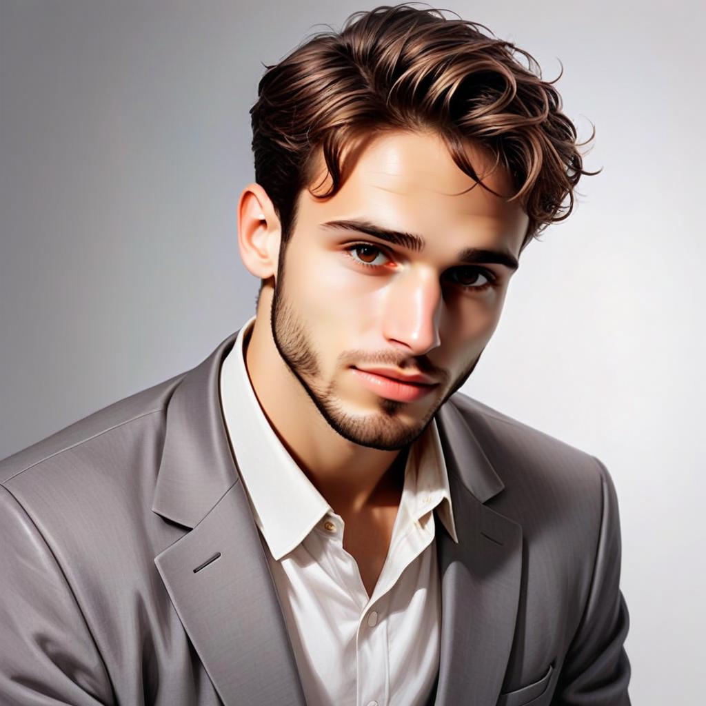 Young Man in Light Gray Suit and White Shirt Portrait