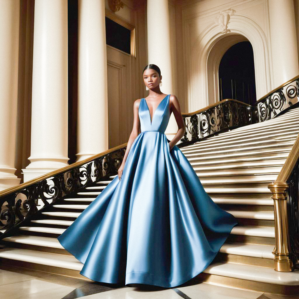 Elegant Woman in Blue Gown on Staircase