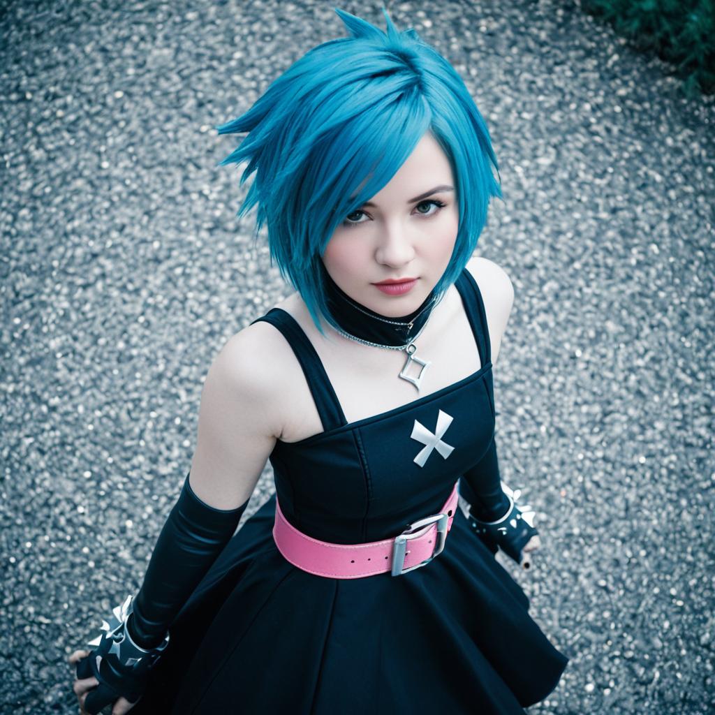 Anime Style Woman with Blue Hair in Black Outfit and Pink Belt