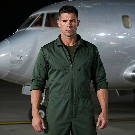 Man in Green Flight Suit Standing by Private Jet at Night