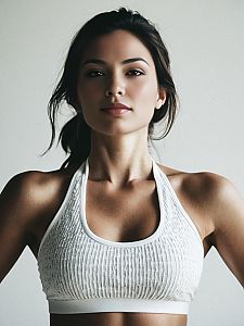 Confident Woman in White Sports Bra Realistic Portrait