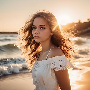 Young woman in white dress on sunlit beach at golden hour