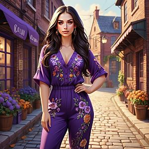 Confident Woman in Purple Jumpsuit on Cobblestone Street