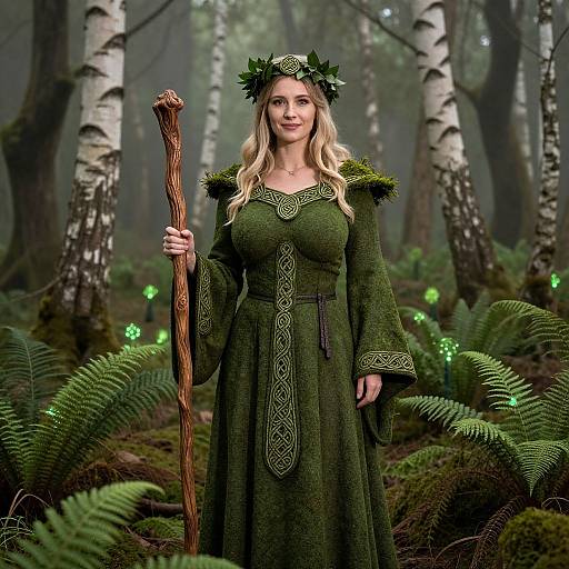 Forest Sorceress Woman in Green Celtic Medieval Costume Holding Staff in Woodland
