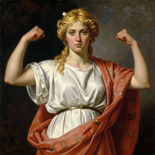 Classical Portrait of Strong Woman in White Robe Flexing Muscles