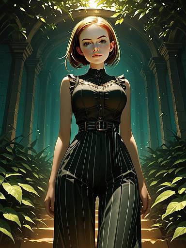 Digital Portrait of Woman in Black Jumpsuit in Sunlit Garden Archway