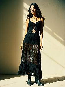 Contemporary Bohemian Black Crochet Knit Maxi Dress with Scoop Neck