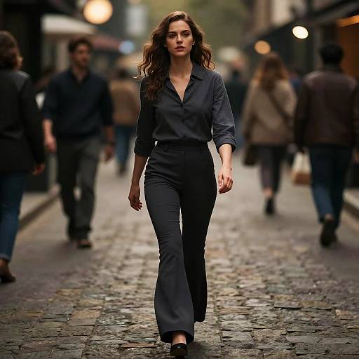 Confident Woman Walking on Cobblestone Street in Modern Chic Outfit