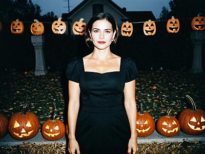 Elegant Woman in Black Dress Surrounded by Halloween Jack-o'-Lanterns Outdoors