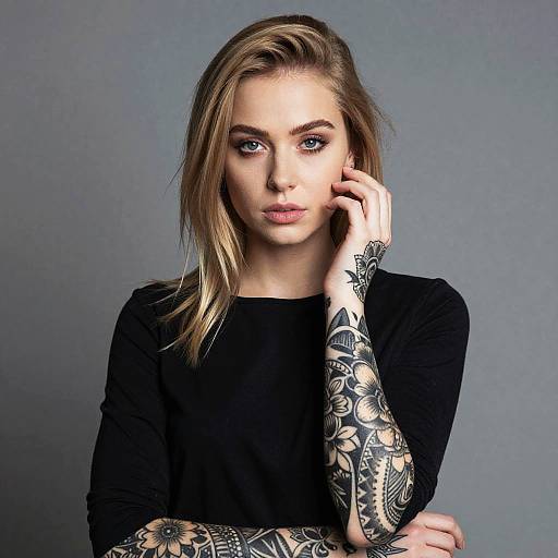Blonde Woman with Detailed Floral Tattoo Sleeves in Black Top Portrait