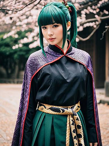 Adagumo no Saragimaru Woman Cosplay with Teal Hair and Cherry Blossoms