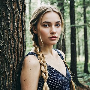 Young Woman in Navy Dress by Tree in Forest