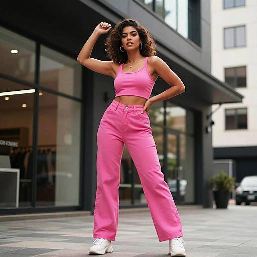 Trendy Gen Z Fashion Woman in Pink Crop Top and Wide-Leg Pants