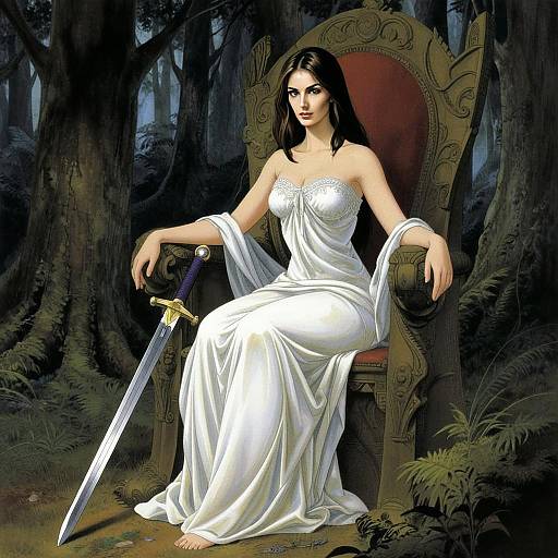 Regal Woman in White Gown Sitting on Ornate Throne with Sword in Forest Fantasy Illustration