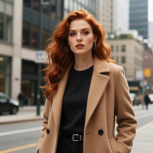 Confident Young Woman in Camel Coat Walking in City Street Urban Fashion